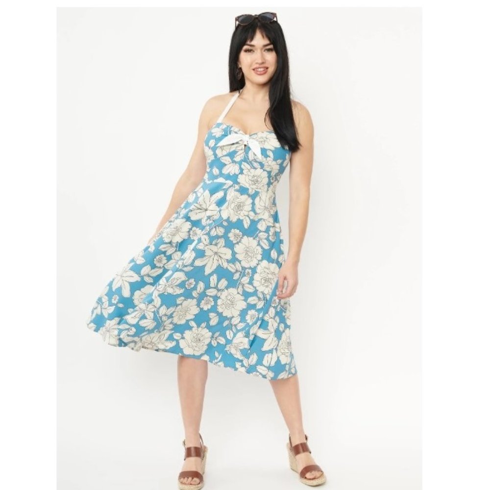 Unique Vintage Blue & White Floral Bouquet Swing Dress XL 14